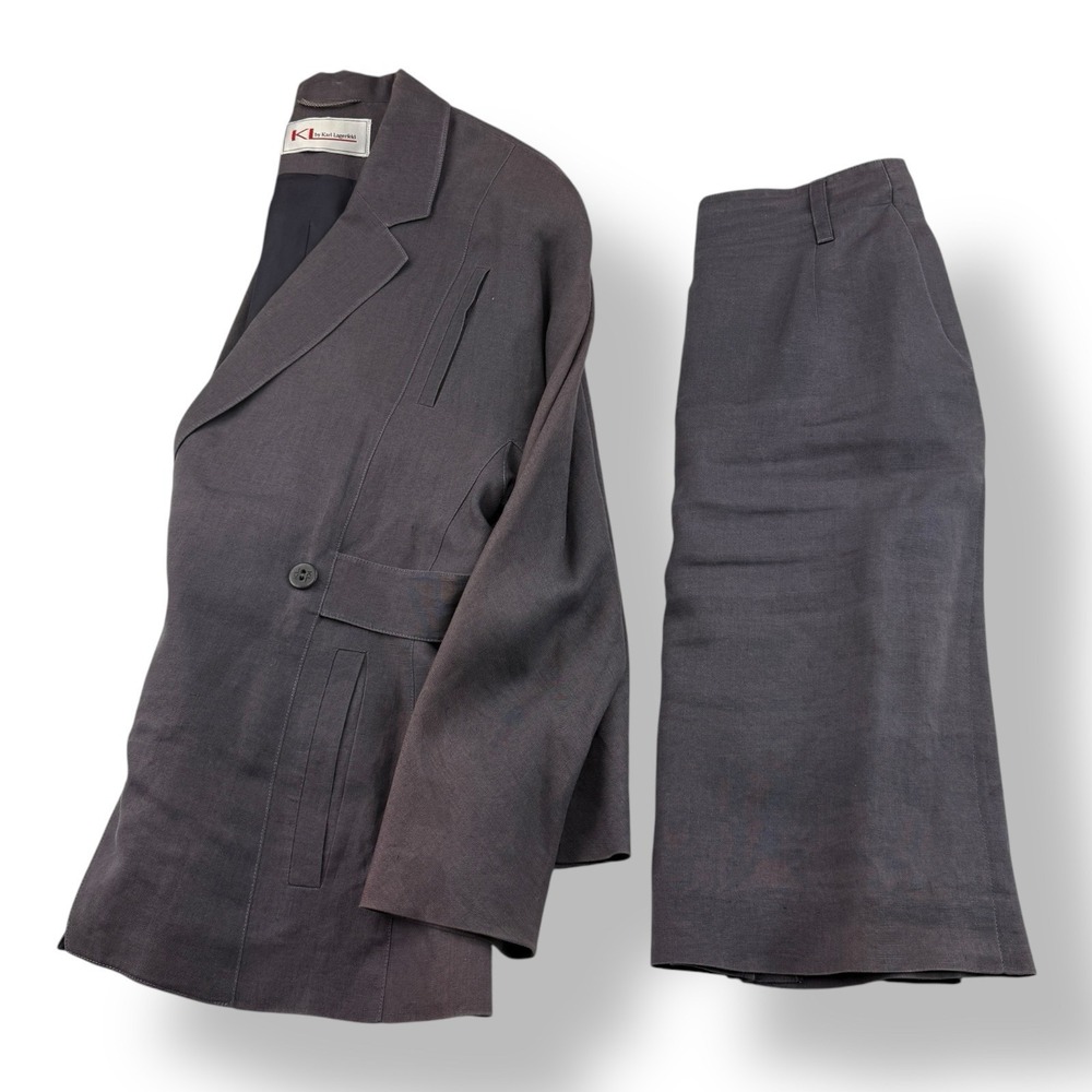 KL by Karl Lagerfeld Gray Linen Double Breasted Blazer & Skirt Set Size 10